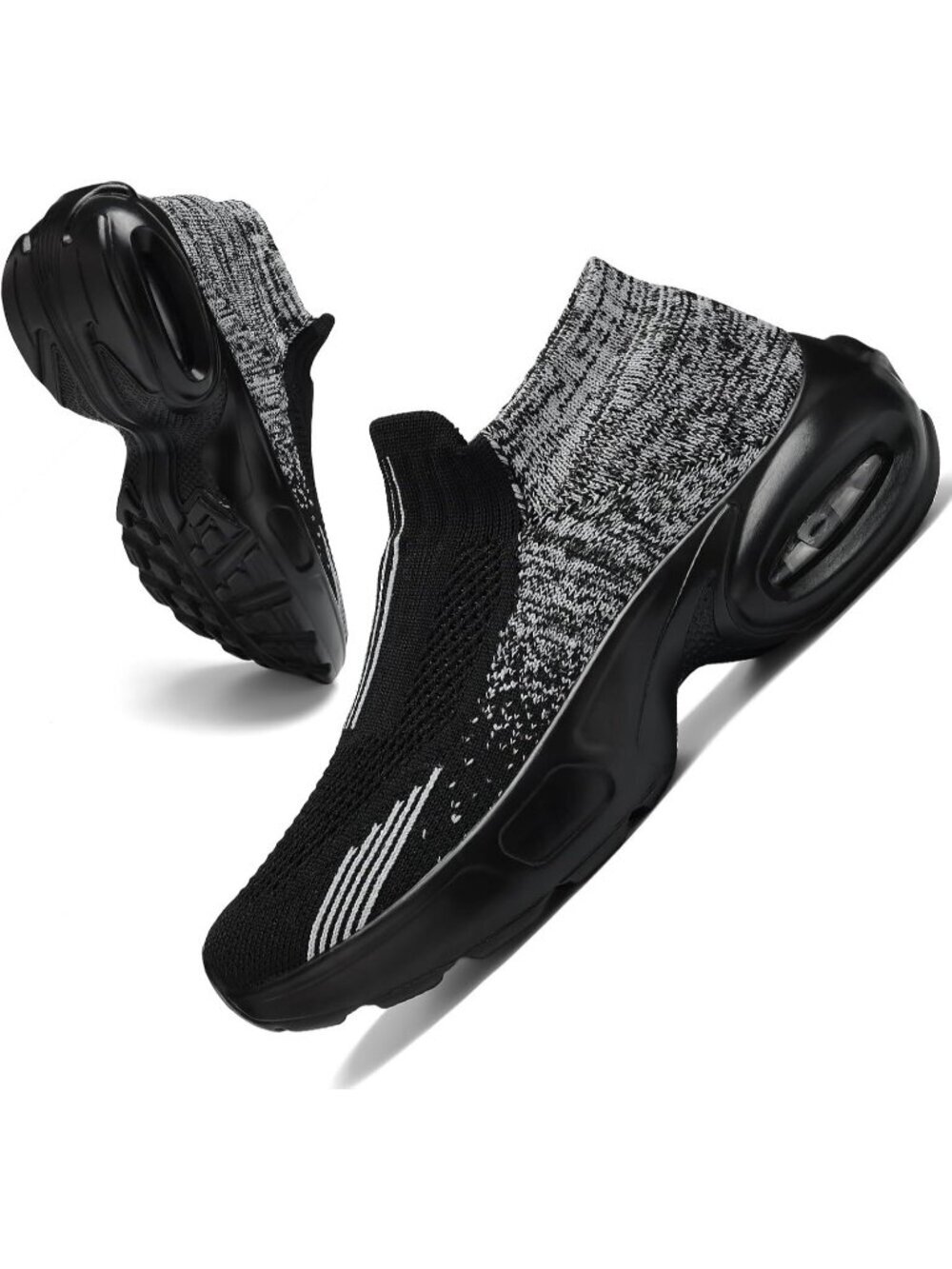 Womens Black And Grey Mesh Light Weight Air Cushion Slip on Sock Walking Sneaker
